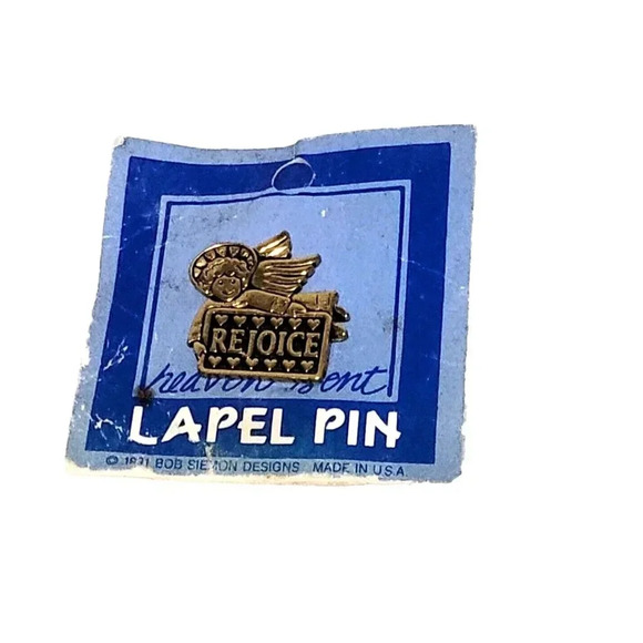 Heaven Sent Jewelry - Heaven Sent REJOICE Lapel Pin New Old Stock Angel Gold Tone Vintage